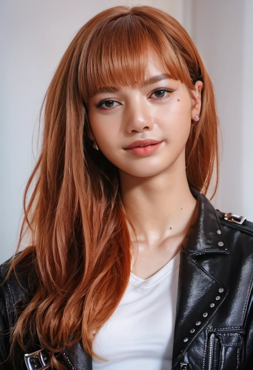 Blackpink Lisa, long red hair, small breasts, wearing a leather jacket