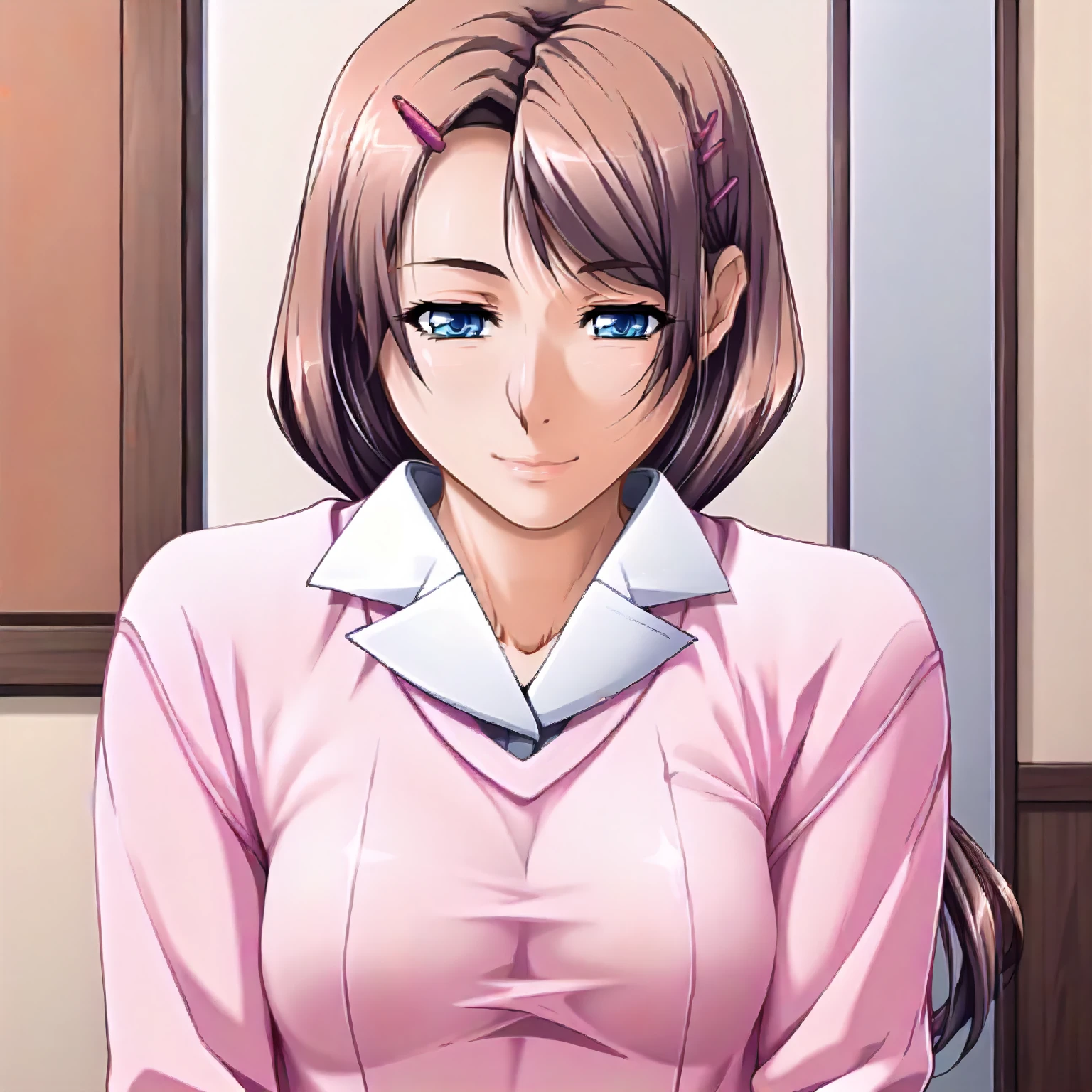 <lora:SDG_AzusaTakaiXLpony001>,
smile,half-closed eyes,
solo,
AzusaTakai,1girl,brown hair,hairclip,low ponytail,blue eyes,
collared_shirt,pink sweater,brown pants,