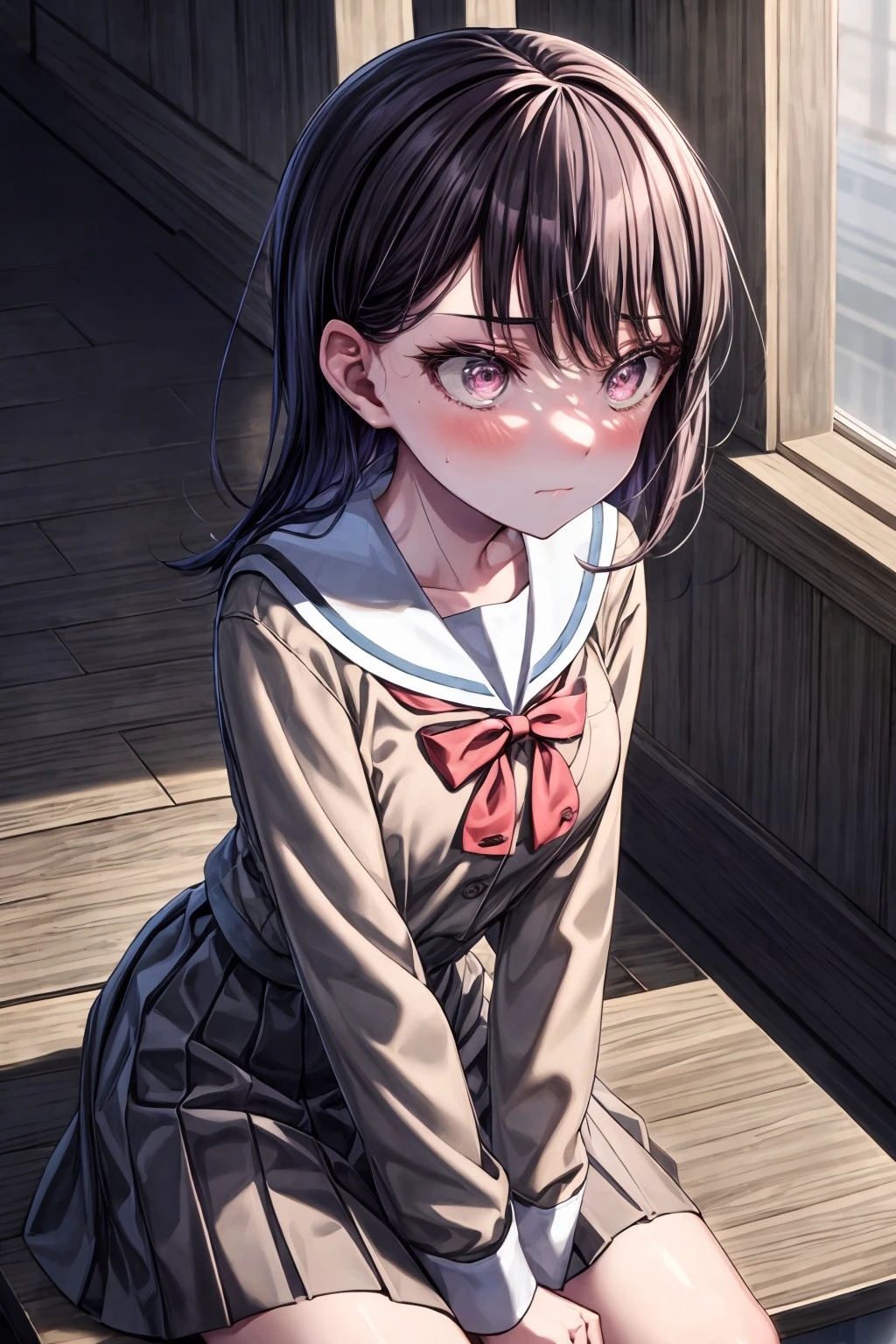 (masterpiece), best quality, expressive eyes, perfect face, takishiina, blush, long sleeves, dress, bow, ribbon, sitting, closed mouth, school uniform, sidelocks, pink eyes, sailor collar, red bow, red ribbon, neck ribbon, leaning forward, buttons, looking away, sailor dress, white sailor collar, brown dress, pleated dress, hair twirling, hanasakigawa school uniform, <lora:more_details:0.7>, <lora:a75fa2e0-ab76-4620-905b-87ca47d5bd7a:0.7>