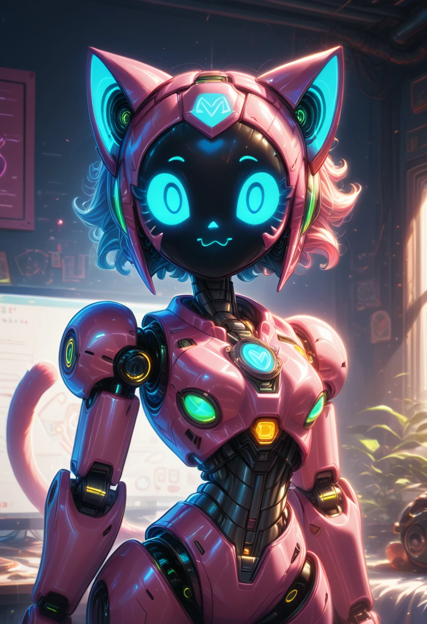 Score9, Score8up, Score7up, volumetric_lighting, chiaroscuro_lighting, shaders, vibrant, 1girl, screen face, (cute, robot), ((cartoon, hips_focus, low_angle)), catgirl, animal_ears, glow, embedded:detailxl, 