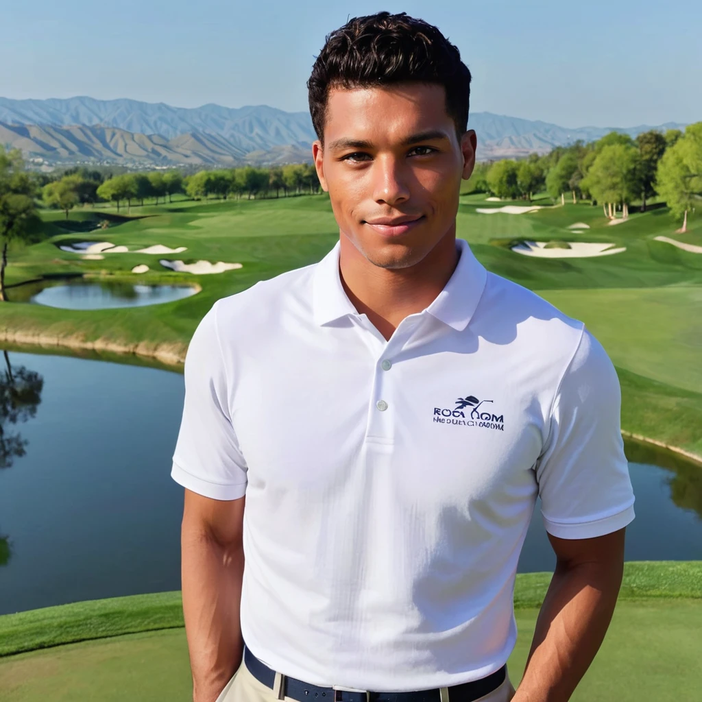 photo of a man,r0m3, white polo shirt, (golf course with rolling hills), spring morning, slight smile, looking at viewer, frontview, <lora:romee:.9>