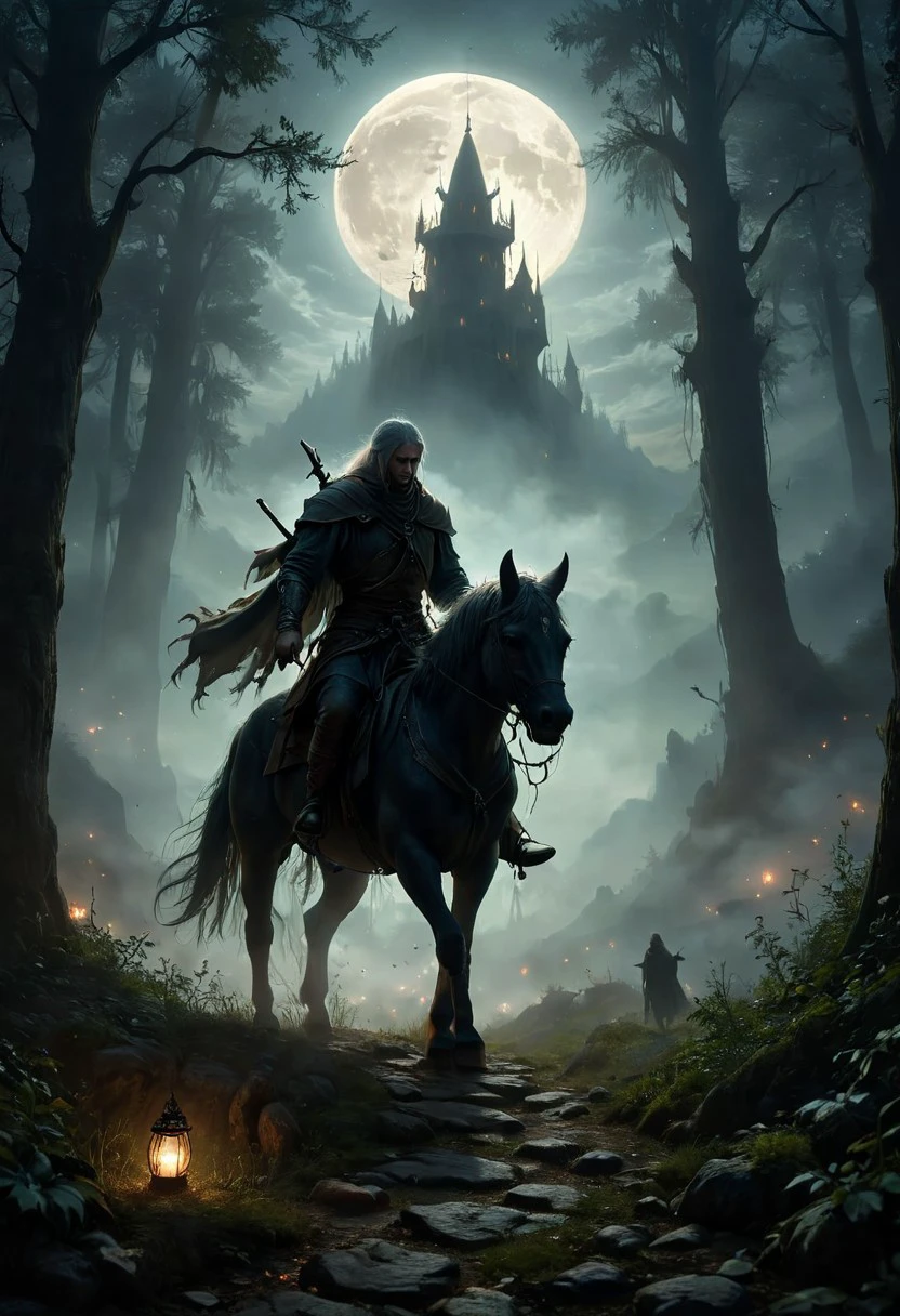 In the tranquil moonlit night, a lone Witcher rides through the ancient forests of the Continent. His silhouette is stark against the silver glow of the full moon, his form outlined by the ethereal light. The dense woods whisper ancient secrets as his horse treads through the mist-covered pathways. His eyes, keen and watchful, scan the shadows for any sign of danger. Behind him, the moon hangs low, casting its soft light over the medieval landscape, illuminating the towering trees and the winding path ahead. The air is thick with magic, and the night holds both mystery and danger in equal measure. vibrant, beautiful, translucent, intricate, detailed, many details, extreme detailed, full of details, Wide range of colors. Dramatic,Dynamic,Cinematic,Sharp details, Insane quality. Insane resolution. Insane details. Masterpiece. 32k resolution.