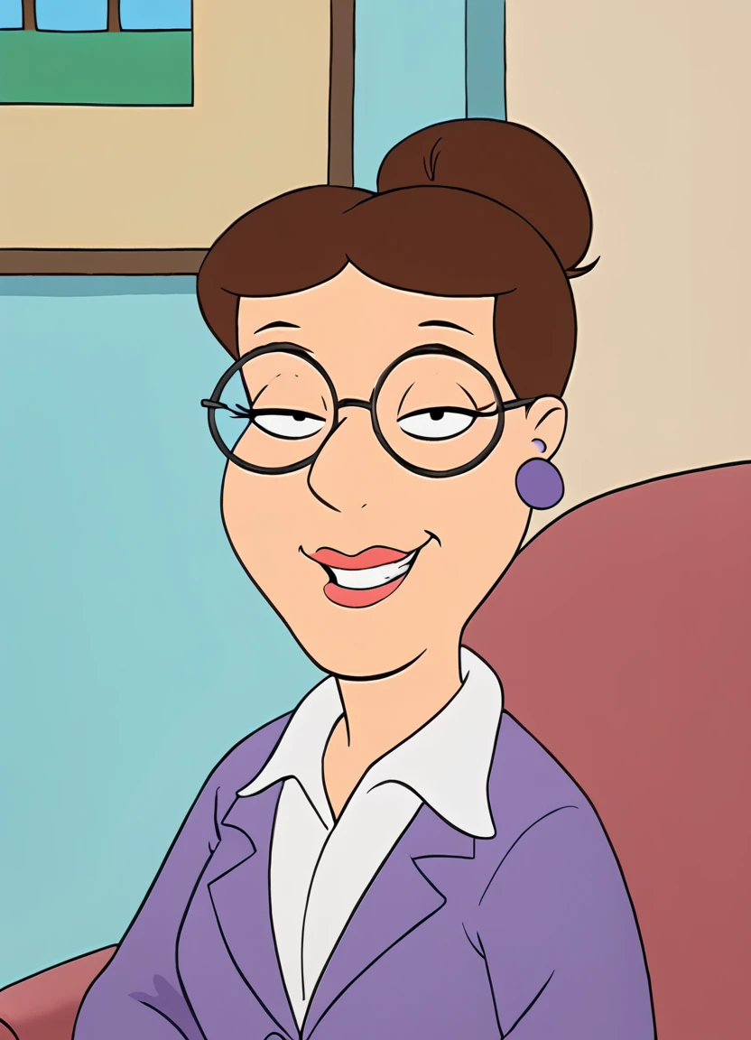 <lora:DrAmandaRebeccaFGPony:1> Dr.AmandaRebecca, 1girl, solo, glasses, brown hair, earrings, jewelry, hair bun, single hair bun, upper body, shirt, purple jacket, collared shirt, white shirt, jacket, smile, score_9, score_8_up, score_7_up, score_6_up, score_5_up, score_4_up, looking at viewer,