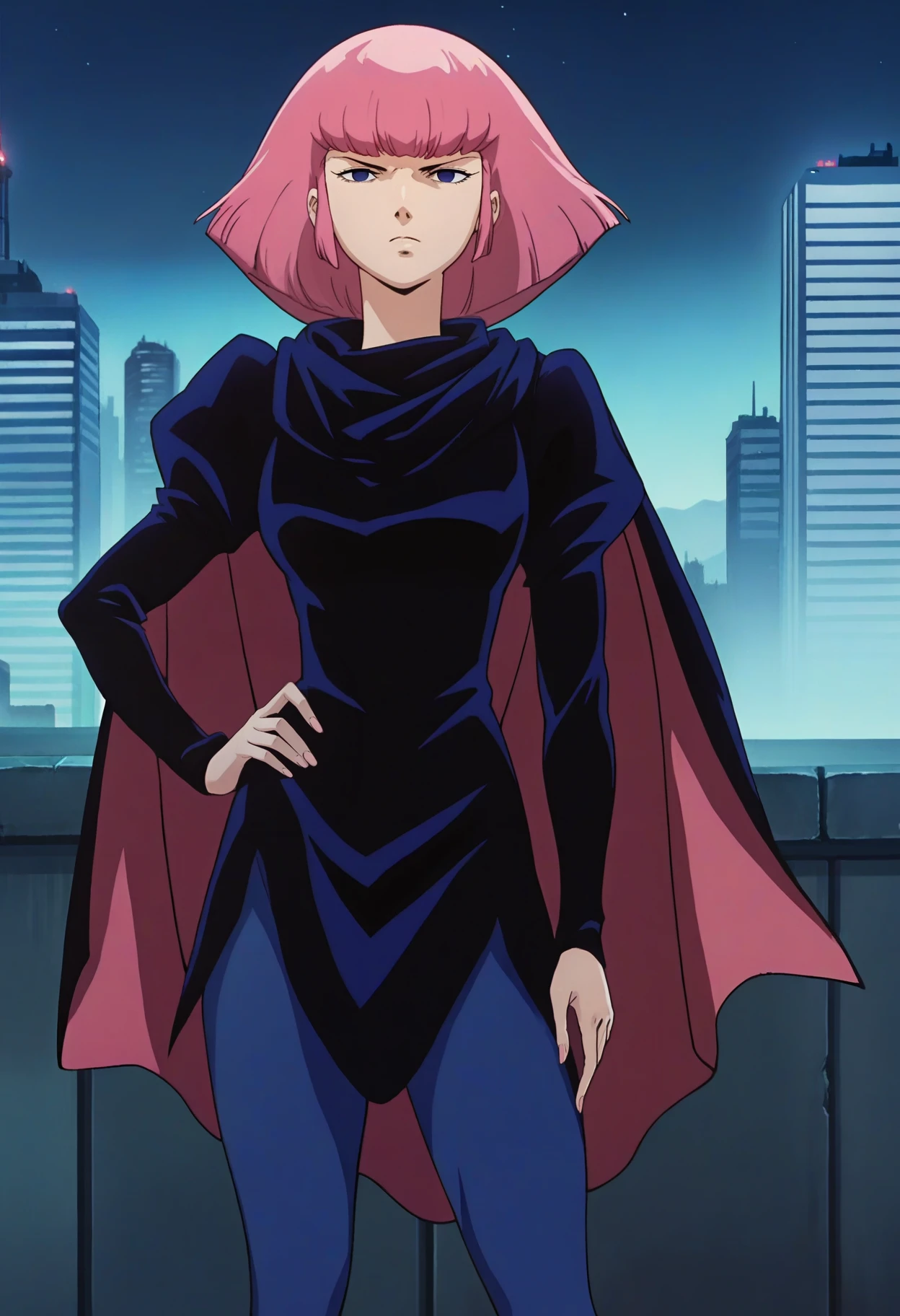 score_9, score_8_up, score_7_up, score_6_up, source_anime, <lora:HamanKarn:0.7>, HamanKarnDEF, pink hair, short hair, blue eyes, empty eyes, blunt bangs,
blue dress, puffy sleeves, cape, blue leggings, blue high heel boots,
hand on own hip, looking at viewer, serious,
BREAK, night sky, night, cityscape,