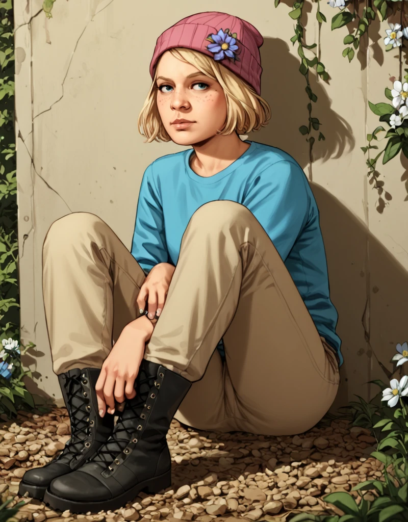 <lora:TWD_Comics_Sophia_Grimes:1> score_9, score_8_up, score_7_up, Sophia-Grimes, TWD-Comics, 1girl, solo, short hair, beanie, blonde hair, sitting, blue shirt, flower, shoes, boots, khaki pants