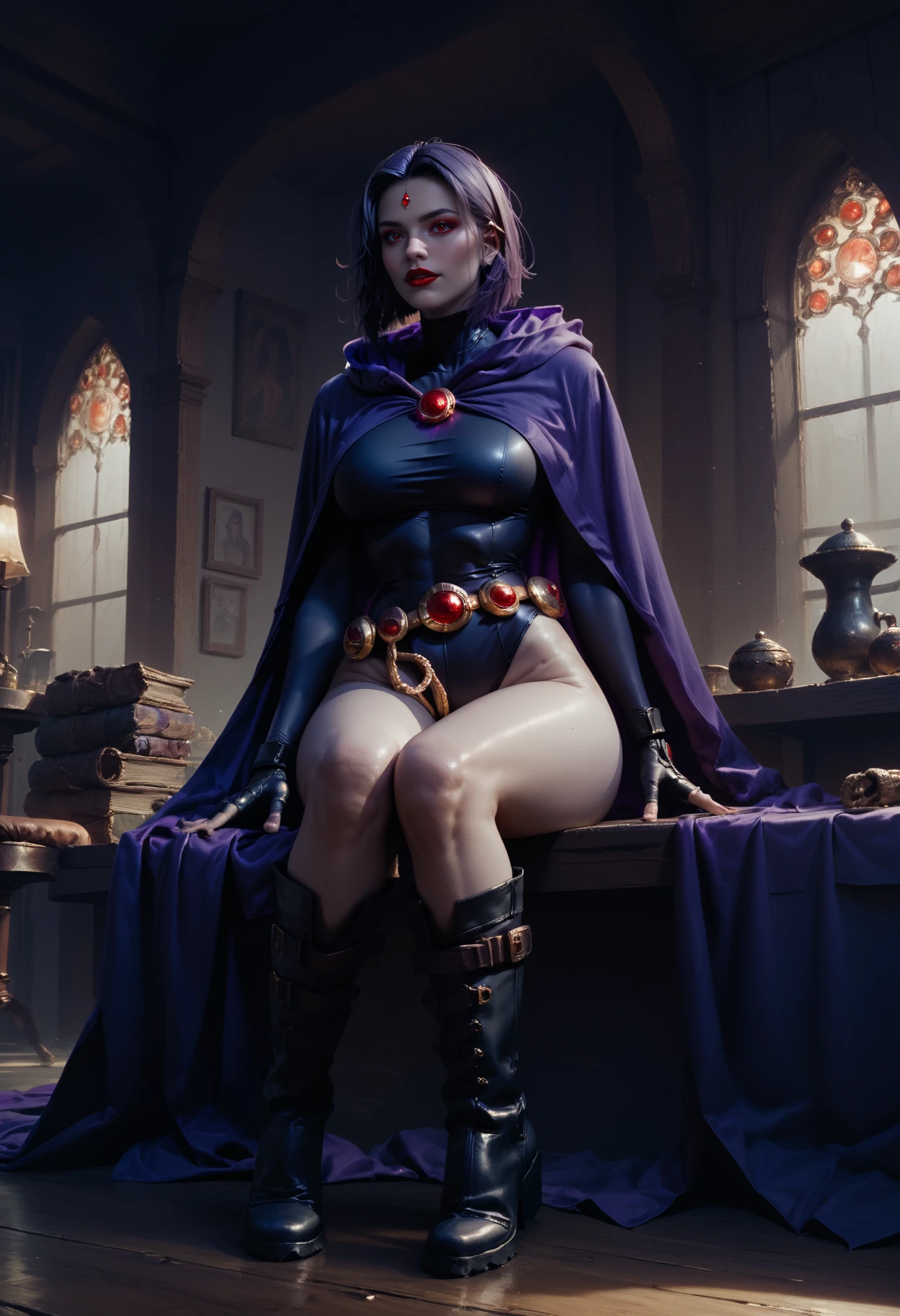 score_9, score_8_up, score_7_up, 1 girl,Jed-rvn, Raven costume, long purple cloak, form-fitting black leotard, belt, black boots, Fingerless black gloves, sitting, interior,   <lora:Raven-000004:1>