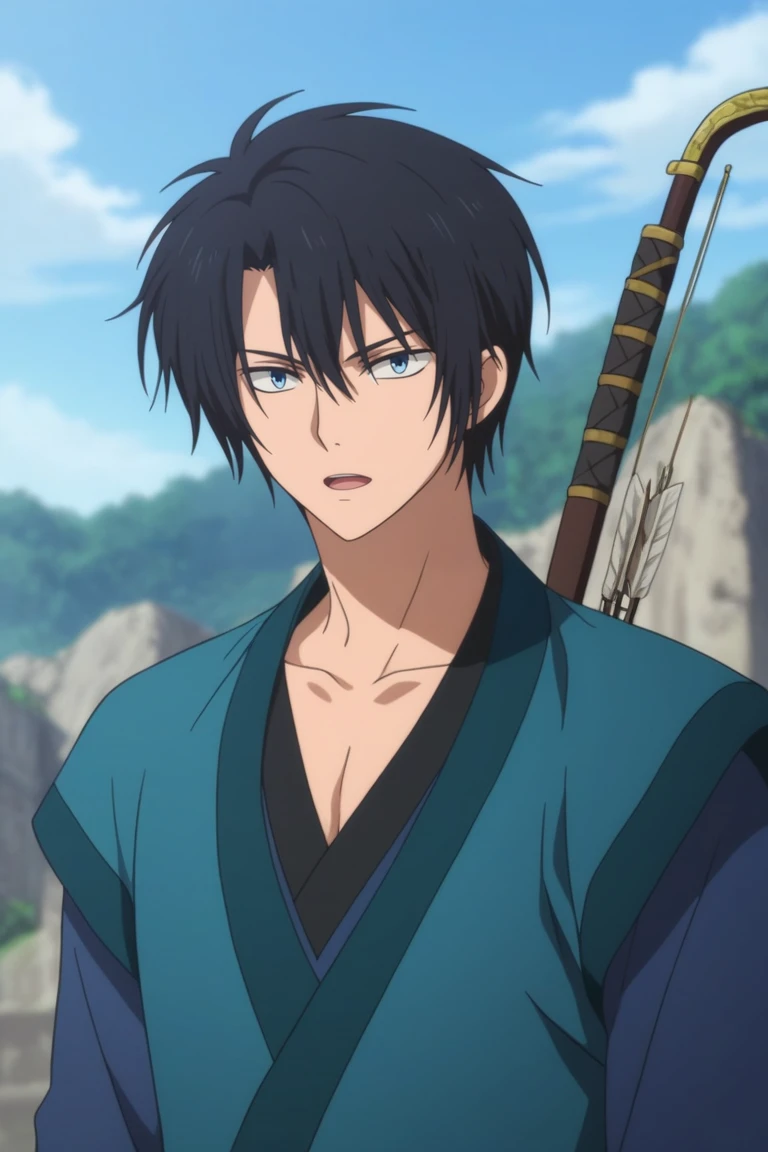 score_9, score_8_up, score_7_up, score_6_up, masterpiece, best quality, amazing quality, best aesthetic, absurdres, intricate details,
hak son, black hair, blue eyes, 1boy, male focus, solo, japanese clothes, arrow (projectile), anime coloring, sky, quiver, open mouth, outdoors, day, weapon, upper body, blue sky, looking at viewer, blurry, kimono, cloud, collarbone<lora:EMS-452661-EMS:1.000000>