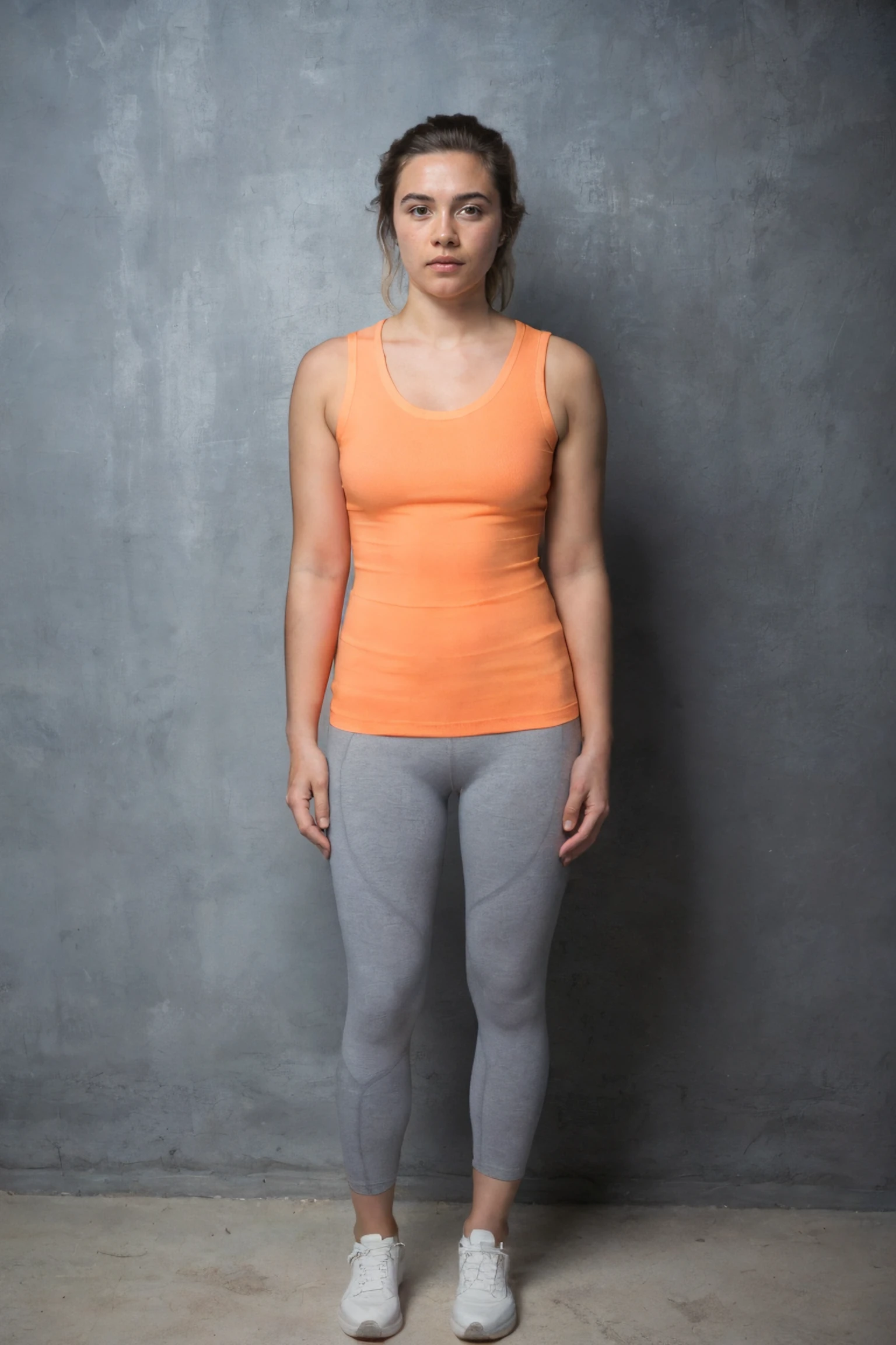 1girl, full body shot, a woman standing in an empty room, wearing white sleeveless t-shirt and gray leggings, trainers, plain wall in the backdrop, detailed face, (photorealistic, absurdres, best quality, masterpiece:1.4), (high detailed skin:1.3)
<lora:florence_pugh_lora_v01:1> flo96, blonde hair