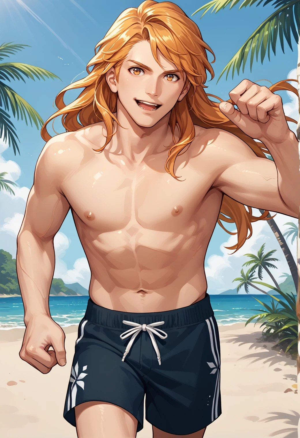 score_9, score_8_up, score_7_up, source_anime, 1boy, solo, cowboy shot, looking at viewer, open mouth, smile, running, topless male, swim trunks, <lora:FerdinandFE-pdxl:1> warFerdie, long hair, palm tree, beach, sky