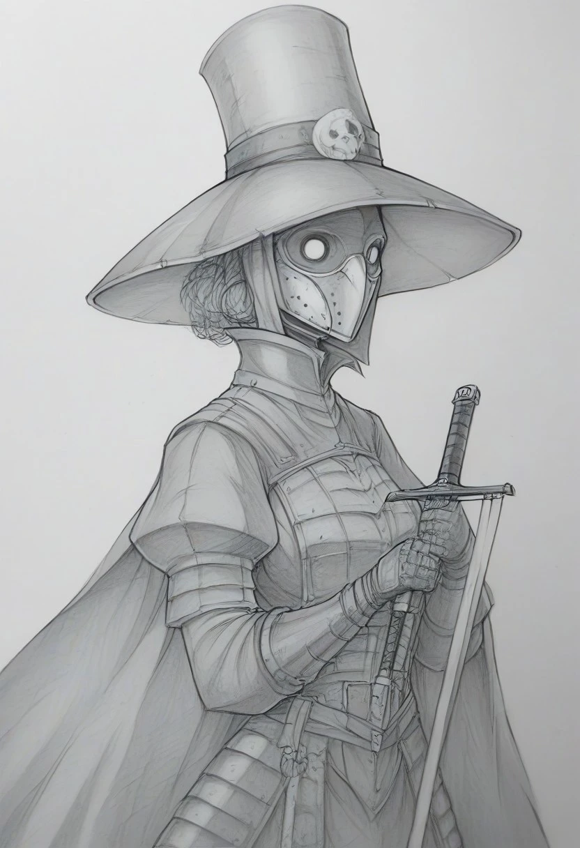 evang style, evang, 1girl, sepia, monochrome, traditional media, brown theme, hat, armor, 1girl, puffy sleeves, sketch, textured background, plague doctor, mask, landsknecht, weapon, sword, hat, armor, 1girl, puffy sleeves,