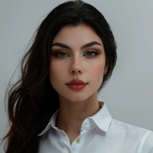 Editorial Photography, Photography, Portrait, DSLR, F/2.8, (High quality), (masterpiece), (portrait, close-up), [plain white background], (detailed), 8K, fegalvao, (long hair, black har),  parted lips, (white collared shirt), <lora:add_detail:0.45> <lora:style_lora_r51_update_out:0.45> , <lora:Fegalvaov2:0.95>