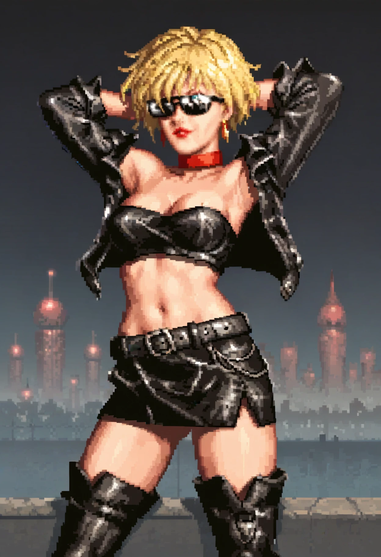 score_9, score_8_up, score_7_up, score_6_up, <lora:JulioraLuckyNWild:0.9>, JulioraLuckyNWild, blonde hair, yellow earrings, blue eyes, red lips, short hair, medium breasts, red nails,
sunglasses, red choker, leather jacket, open jacket, cleavage, black tube top, black belt, navel, midriff, black skirt, thigh boots, high heel boots,
pixel art, arms behind head, armpits, bare shoulders,
BREAK night, cityscape, night sky, city lights,