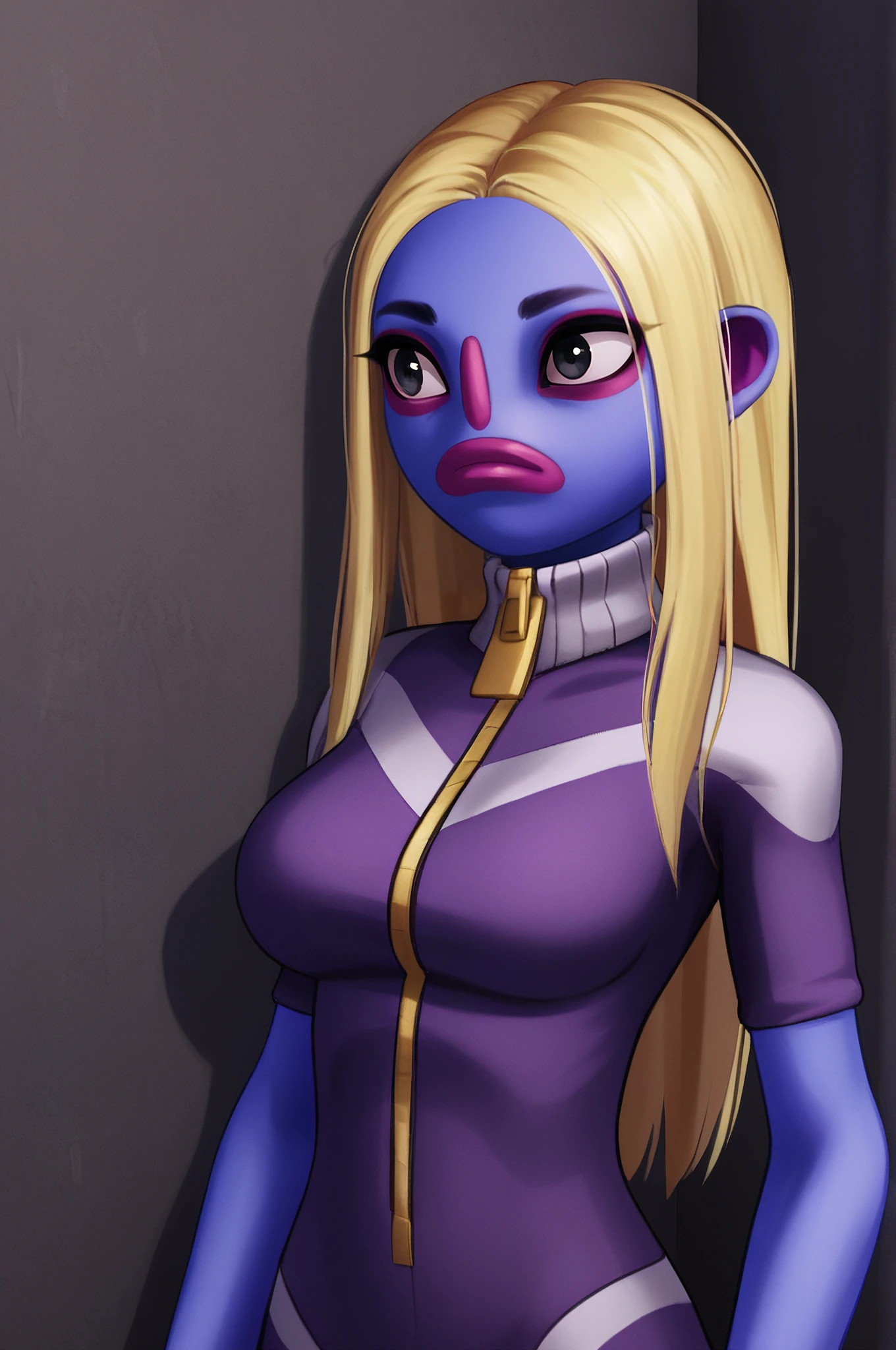 1girl,solo,colored skin,(purple skin:1.2),blonde hair,makeup,eyeliner,<lora:The_Violence_Gang_girl:0.8>,long hair,skinny body,big breasts,(upper body portrait:1.2),zip,complex background, ultra detailed