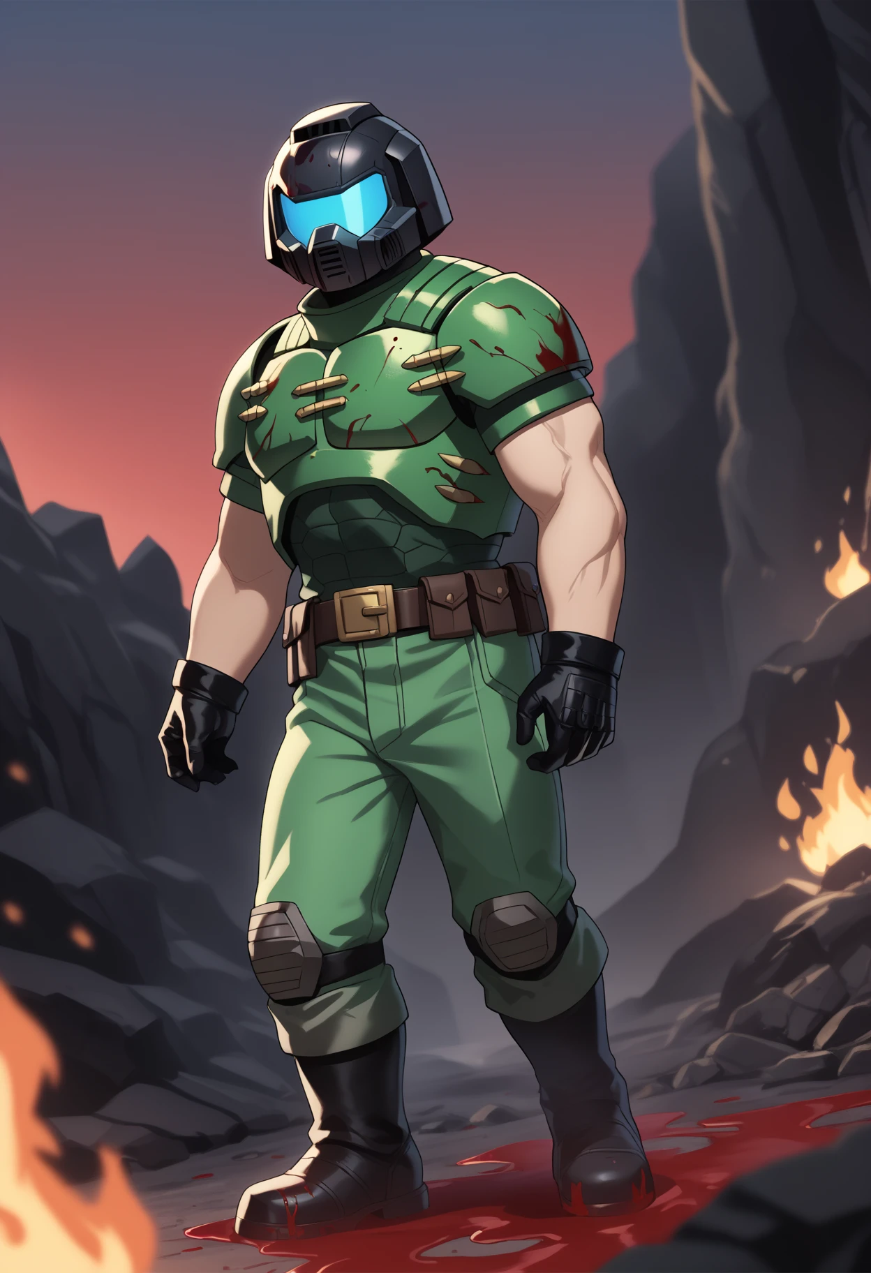 score_9, score_8_up, score_7_up, score_6_up, score_5_up, score_4_up, BREAK,
1boy, doomguy, green armor, helmet, muscular, belt, green pants, black gloves, kneepad, blood,
solo, outdoors, hell, red sky, smoke, fire flame, hell background       <lora:DoomGuyXL:1>