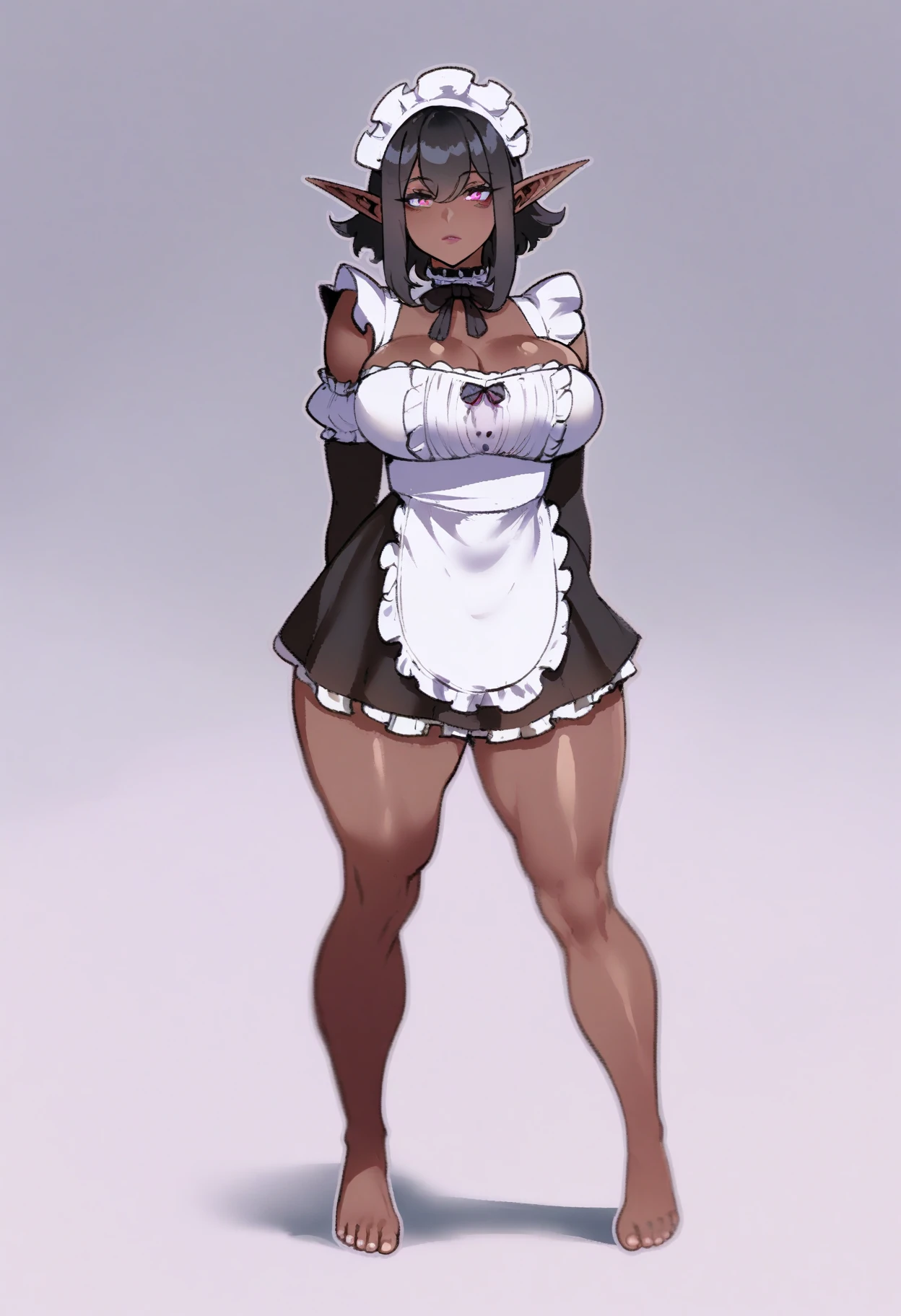 score_9 BREAK <lora:thiccwithaq v2.0 style -000030:1>,thiccwithaq,maid,dark elf,1girl,solo,very dark skin,toned,large breasts,skirt,barefoot,thick thighs,elf ears,black hair,medium hair,pink eyes,expressionless,looking at viewer,