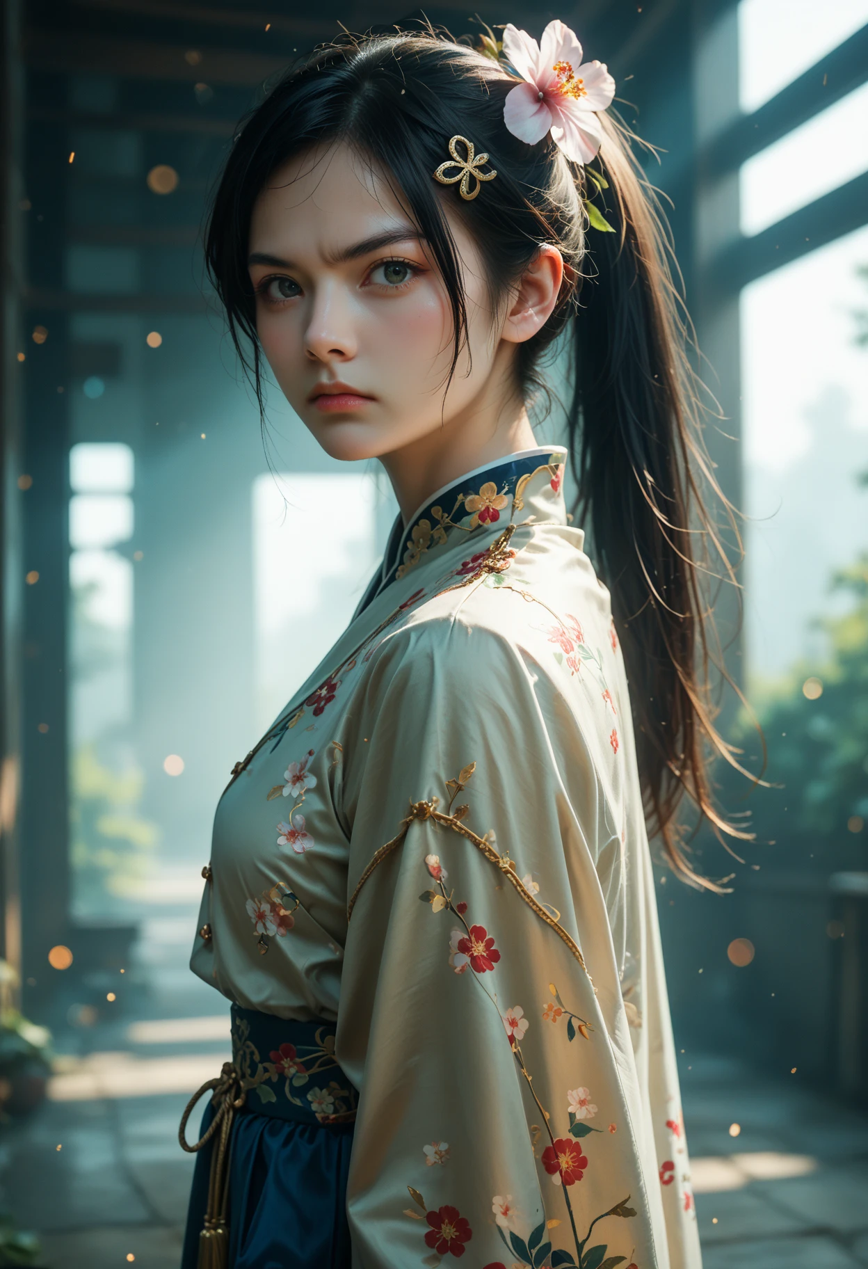 1girl,angry,black hair,flower,hairclip,long hair,looking at viewer,looking back,mina ashiro,parody,ponytail,solo,solo focus,ruanyi0752,
<lora:d4rkpurpXLP:0.5>,<lora:mina-ashiro-s1-ponyxl-lora-nochekaiser:1>,<lora:0752 Wisteria butterfly hanfu_v1_pony:1>,hanfu,chinese clothing,, cinematic film still,score_9,score_8_up,score_7_up,dramatic lighting,(realistic:1.3),highly detailed,high budget,bokeh,cinemascope,moody,epic,gorgeous,film grain,grainy,masterpiece,best quality,perfect anatomy,very aesthetic,official art,8k,