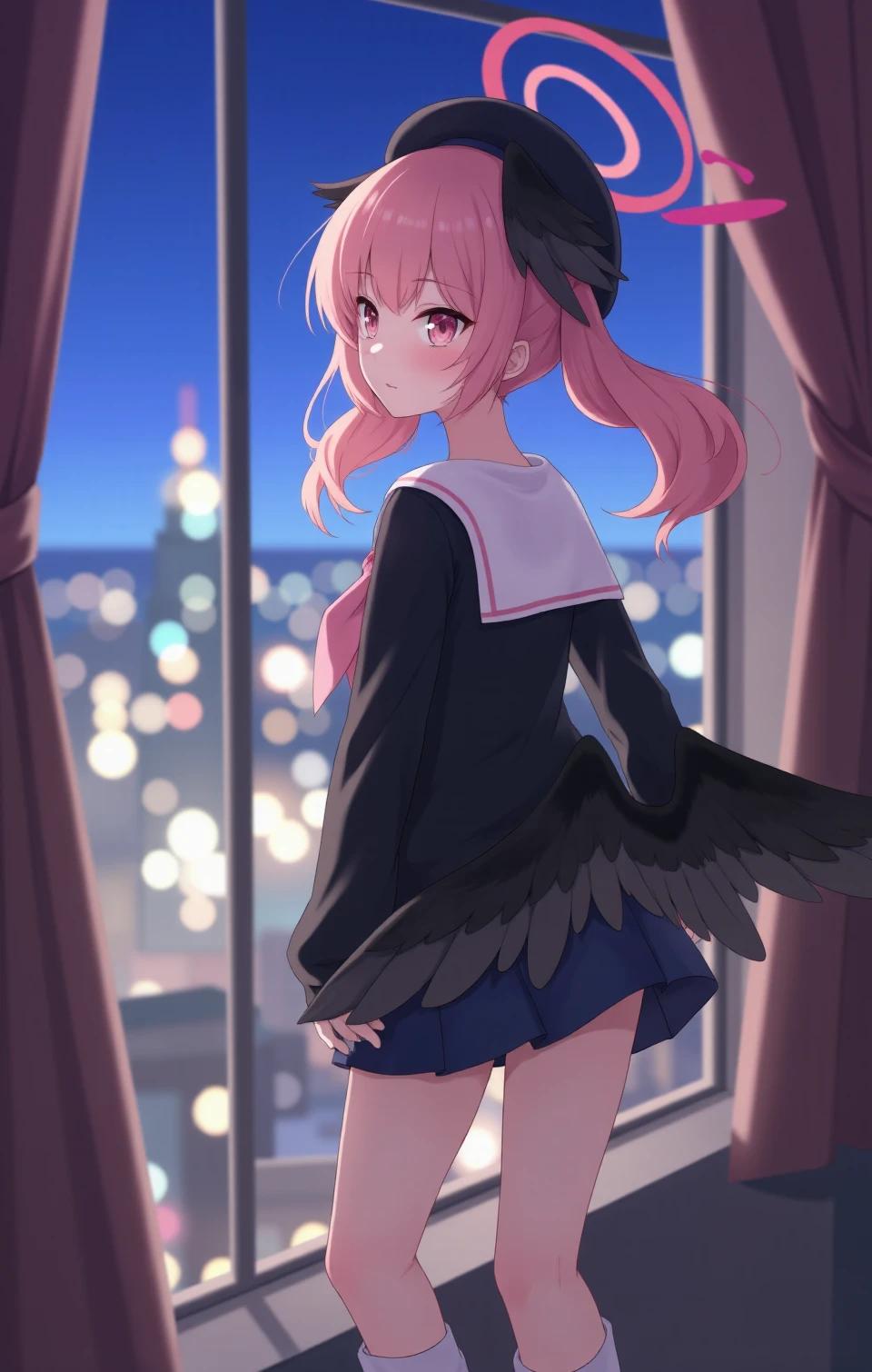 realistic, dynamic, colorful,depth of field, night, close-up, 3d, mmd, colorful,
a girl standing in a room with a window looking out at a cityscape, 
koharu \(blue archive\), head wings, pink hair, wings, hat, twintails, pink eyes, skirt, black wings, pink neckerchief, sailor collar, looking at viewer, halo, beret, blush, socks, black headwear, loose socks, white sailor collar, black school uniform, feathered wings, low wings, long sleeves, sleeves past wrists, neckerchief, medium_breasts, 