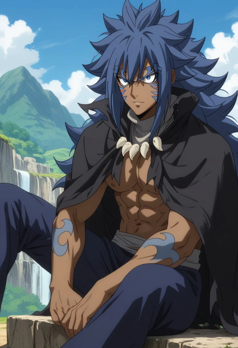 score_9, score_8_up, score_7_up, source_anime, rating_safe, AcnologiaFT, blue Acnologia hair, blue Acnologia facepaint, 1boy, male focus, anime screencap, black Acnologia cloak, white Acnologia tooth necklace, grey Acnologia turtleneck, grey Acnologia waist cloth, blue Acnologia pants, blue Acnologia arm tattoo, barefoot, sitting,