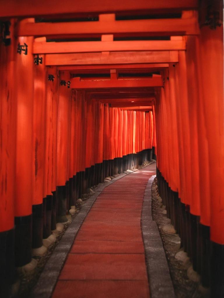 row photo,detailed,8k,film grain,old photo,polaroid,(vintage film tones:1.1),
multiple torii, perspective, no humans, scenery, (dappled sunlight:1.1), shadow, stone, blurry background, 
(red background:1.2),<lora:Senbon_Torii:0.9>,<lora:Polaroidv2:0.5>