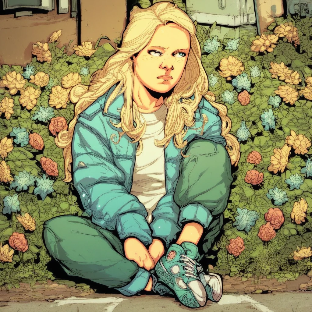 score_9, score_8_up, score_7_up, Sophia-Grimes, TWD-Comics, 1girl, solo, long hair, blonde hair, sitting, jacket, flower, shoes, sneakers, sensitive