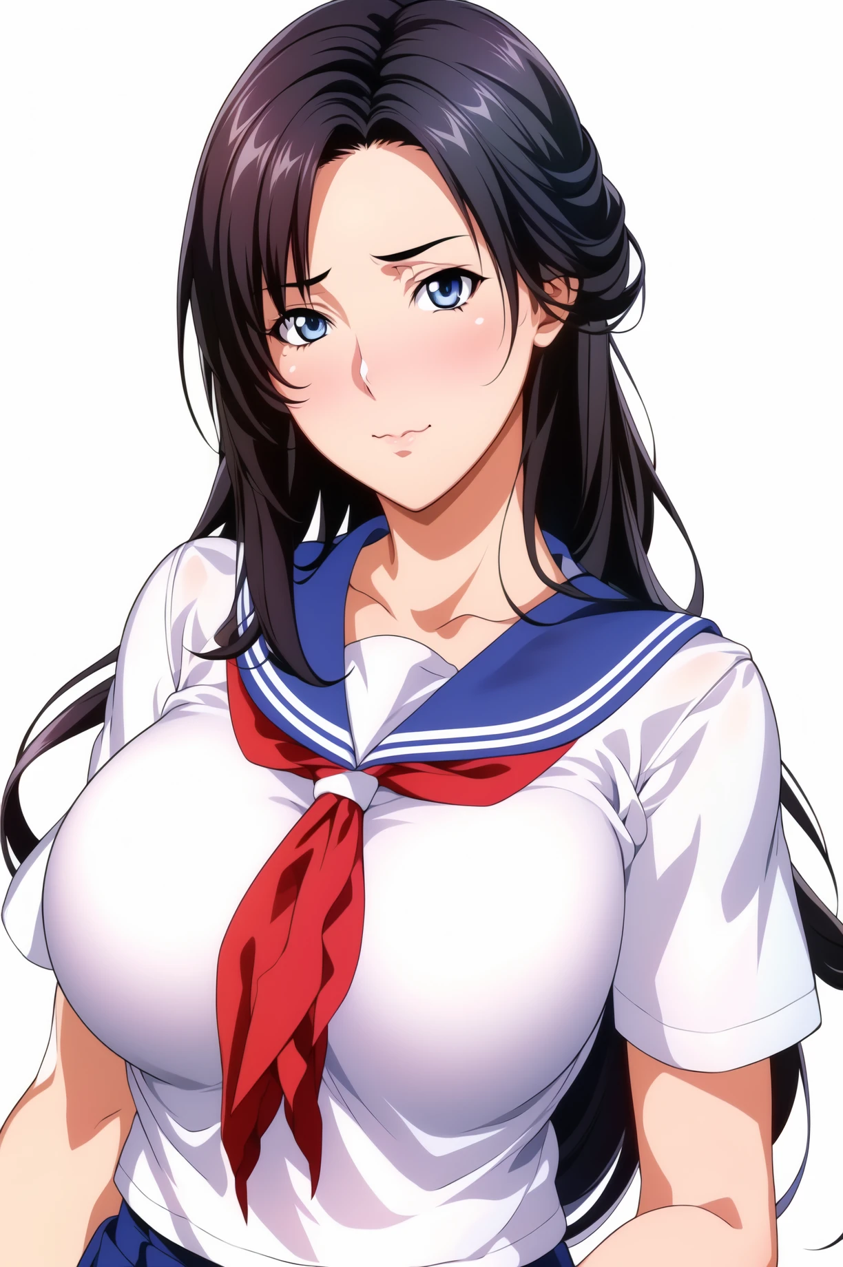 Simple Background,(White_Background:1.1),
dynamic pose,standing at attention,
white shirt, red neckerchief, blue sailor collar, school uniform, serafuku, short sleeves,blue pleated skirt,  
<lora:sayuri_DOA-KK77-V1:0.7>,
blue eyes, black hair,bangs,Long hair,Makeup, red lipstick, 
<lora:more_details:0.1>,<lora:NovelAI_YesMix5_KKStyle-KK77-Yes5-V1:0.2>,<lora:Oda_Non_Style2-KK77-Yes5-V1:0.4>,
1 girl, 20yo,Young female,Beautiful long legs,Beautiful body,
Beautiful Nose,Beautiful character design, perfect eyes, perfect face,expressive eyes,perfect balance,
looking at viewer,(Focus on her face),closed mouth, (innocent_big_eyes:1.0),(Light_Smile:0.3),
official art,extremely detailed CG unity 8k wallpaper, perfect lighting,Colorful, Bright_Front_face_Lighting,White skin,
(masterpiece:1.0),(best_quality:1.0), ultra high res,4K,ultra-detailed,
photography, 8K, HDR, highres, absurdres:1.2, Kodak portra 400, film grain, blurry background, bokeh:1.2, lens flare, (vibrant_color:1.2),professional photograph,
(Beautiful,large_Breasts:1.4), (beautiful_face:1.5),(narrow_waist),