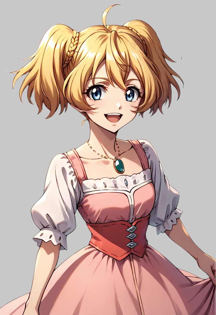 score_9, score_8_up, score_7_up, source_anime BREAK 1girl, solo, crossange_silvia, cowboy shot, pink dress, puffy short sleeves, long skirt, corset, collarbone, pendant, blonde hair, short twin tails, bangs, blue eyes, looking at you, smile, open mouth, dynamic pose, simple background <lora:crossange_silvia:0.9>