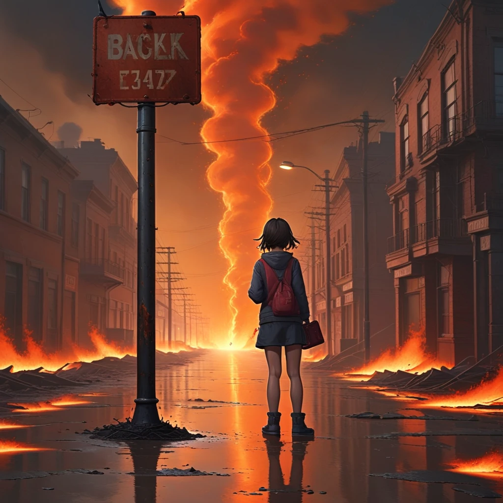 road sign, embers, puddle, indoors, 1girl, city, power lines, molten rock, lamppost, standing, crack, smoke, door