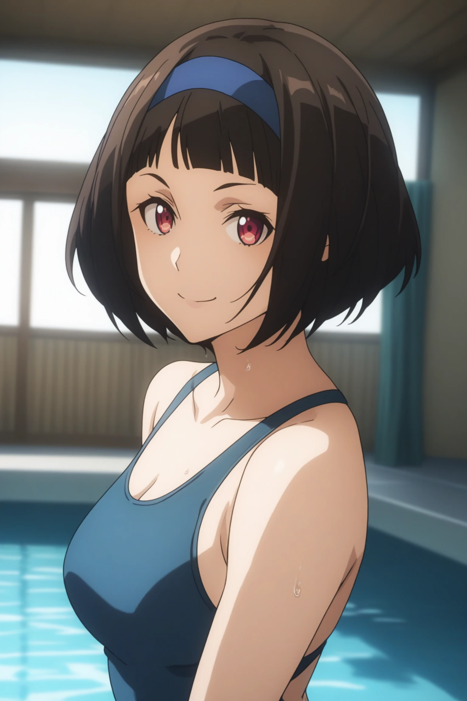 score_9, score_8_up, score_7_up, score_6_up, score_5_up, source_anime, rating_safe, medium breasts, indoors, swimming pool, 1girl, solo, looking at viewer, kazuki ferrari, short hair, black hair, bob cut, blue hairband, green competition swimsuit, <lora:Kazuki_Ferrari:0.9>, smile, wet, <lora:age_slider_v4:2>