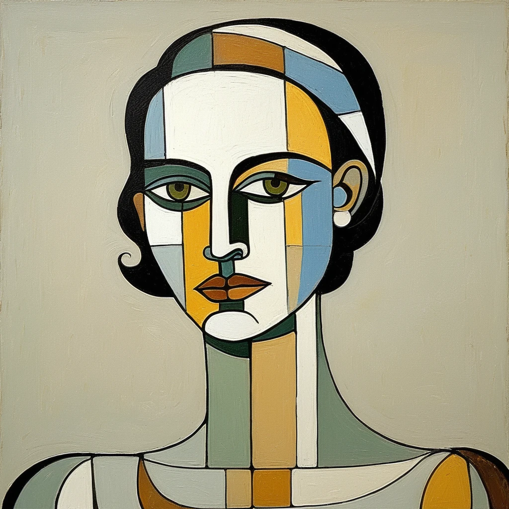 Picasso cubism art of a woman,subtle colors, minimalist, faint,  ,elxpowell,  