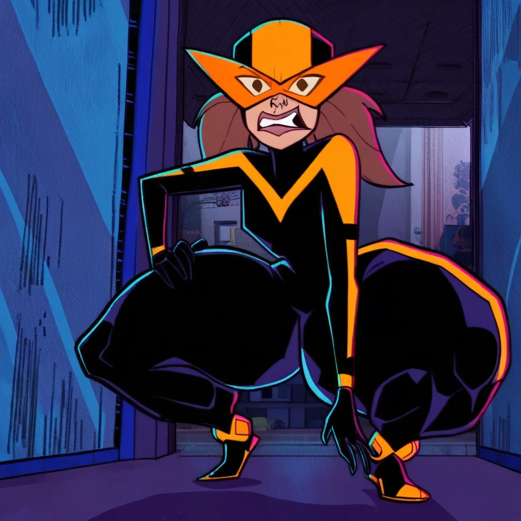 judy,orange hair,(no pupils:1.2),serious,
black mask,yellow cap,yellow bodysuit,skin tight,
cameltoe,cleavage,smile,
in office,from below,
standing,hips,
(insanely detailed, beautiful detailed face, masterpiece, best quality) solo,<lora:Birdgirl-12JK:0.8>,