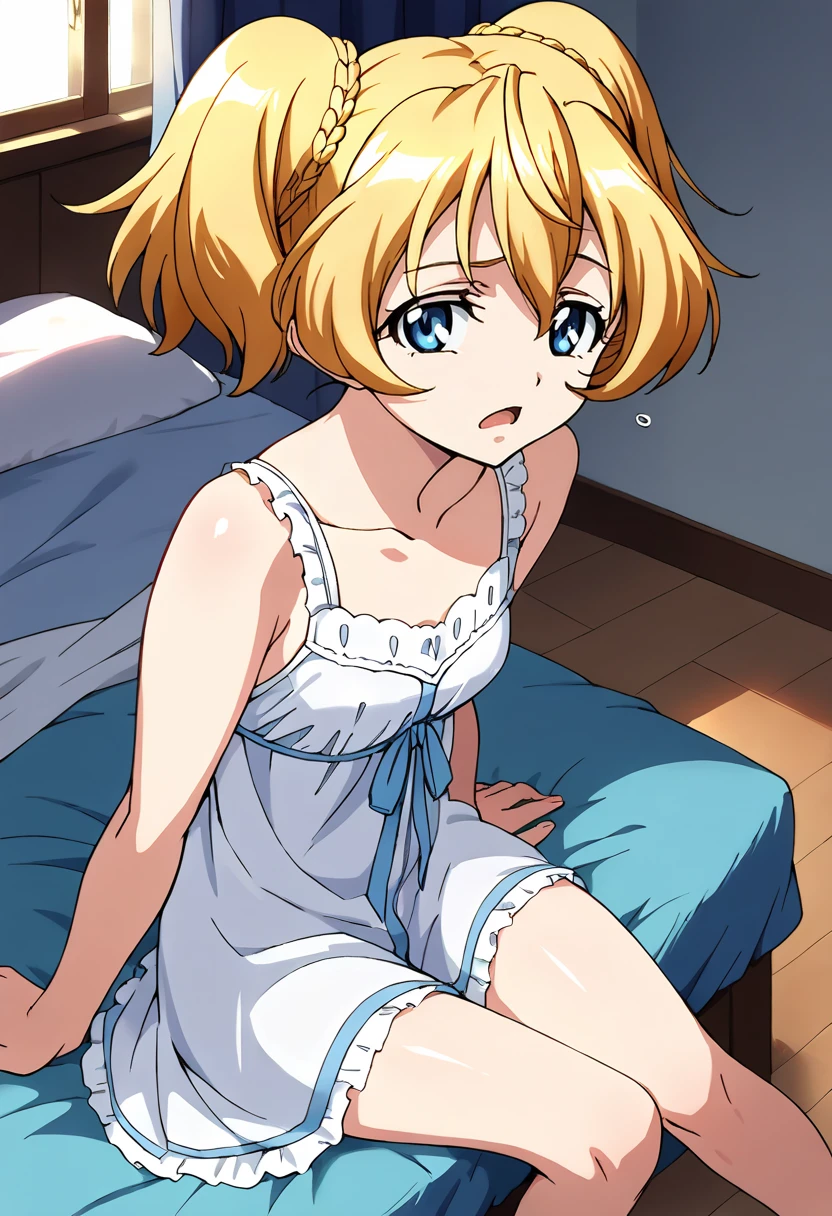 score_9, score_8_up, score_7_up, source_anime BREAK 1girl, solo, crossange_silvia, from above, negligee, sitting, bedroom, sleepy, blonde hair, short twin tails, bangs, blue eyes, looking at you, open mouth, <lora:crossange_silvia:1>