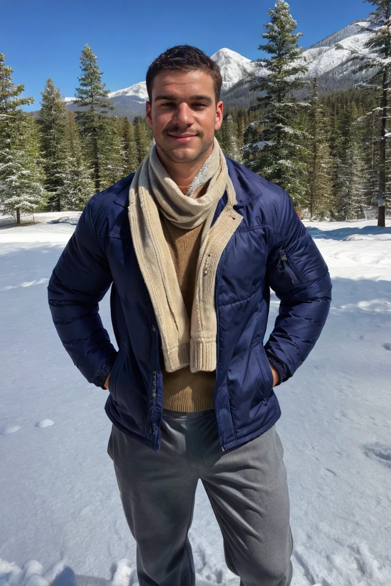 photo of a man, j4ckb0ff, frontview, (masterpiece, best quality:1.2), man, smirk, standing, (depth of field:1.1), ((winter jacket, scarf, sweater, pants,)), hands on hips, cowboy shot, standing, winter, mountain, pinetrees, snowflakes, highness, perfect face, perfect picture, detailed eyes, sharp focus, ,High detailed view , <lora:jakeboffsd15:.9>