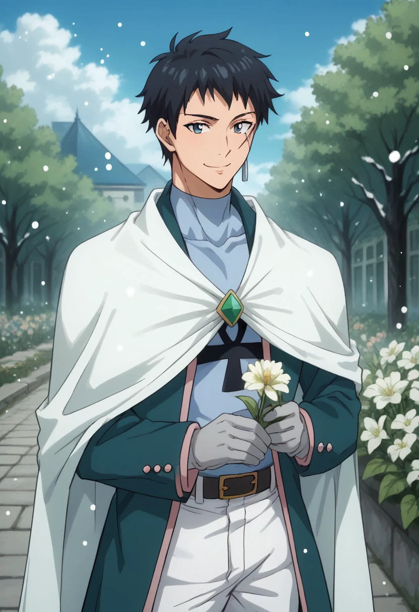 score_9, score_8_up, score_7_up, source_anime, rating_safe, snowing, holding flower, MestFT, Mest scar, grey Mest earrings, 1boy, male focus, black Mesty hair, white Mest cloak, grey Mest gloves, blue Mest bodysuit, green Mest jacket, green Mest brooch, black-yellow Mest belt, white Mest pants, smile, cropped feet, blurry outdoor garden, flowers, tree, bridge,