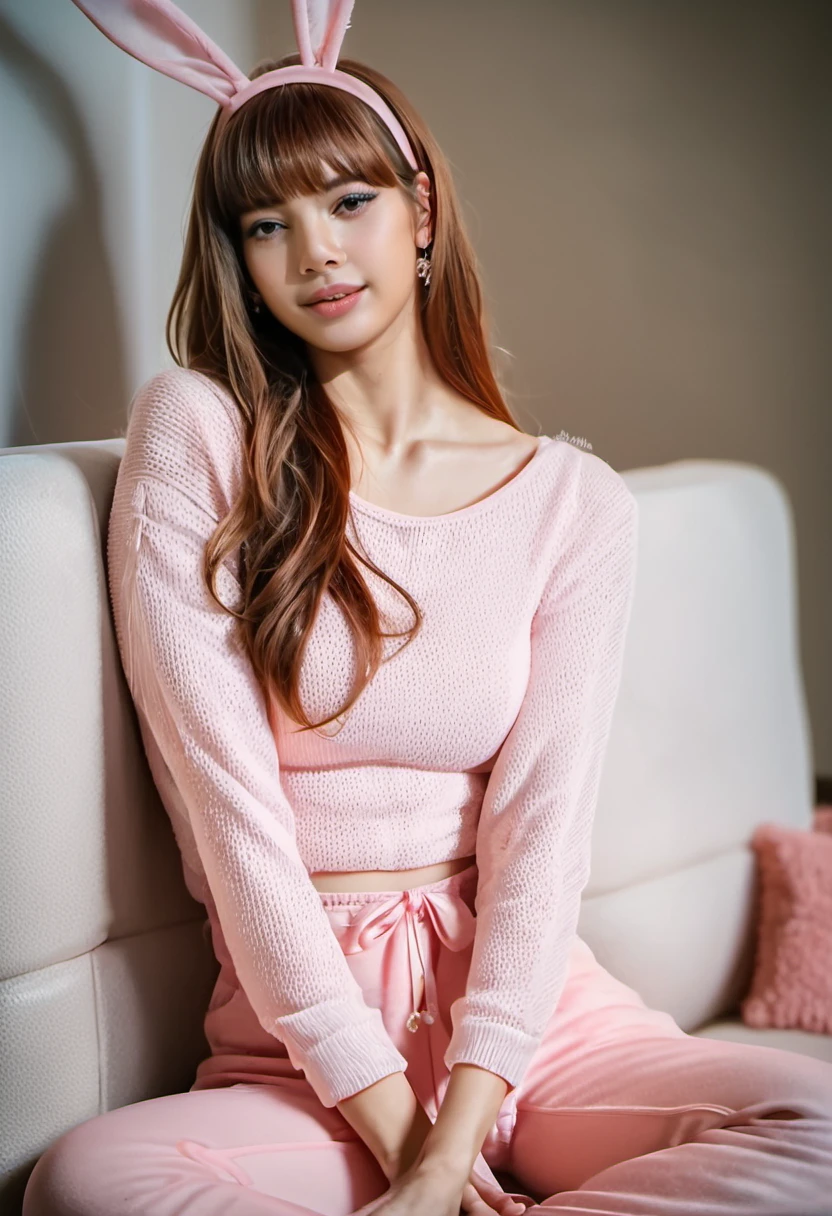 Blackpink Lisa, dark brown hair, wearing a pink bunny pyjama, sitting on a sofa, pink bunny ears, long pyjama pullover, long pyjama pants