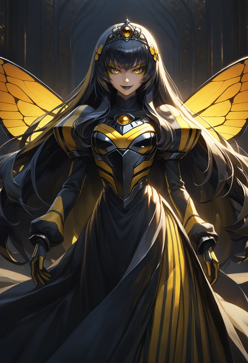 (Quasarcake:0.7) wallpaper 4k 8k high-resolution solo monster-girl bumblebee bee-girl empress tiara Solo long-hair (black-hair:1.15) black-lips yellow-eyes yellow-makeup smirk winged-eyeliner hair-ornament long-sleeves black-dress/high-necked-dress/long-skirt long-sleeves black-and-yellow-stripes
absurdres highly-detailed best-quality masterpiece amazing-shading cinematic-lighting detailed-illustration