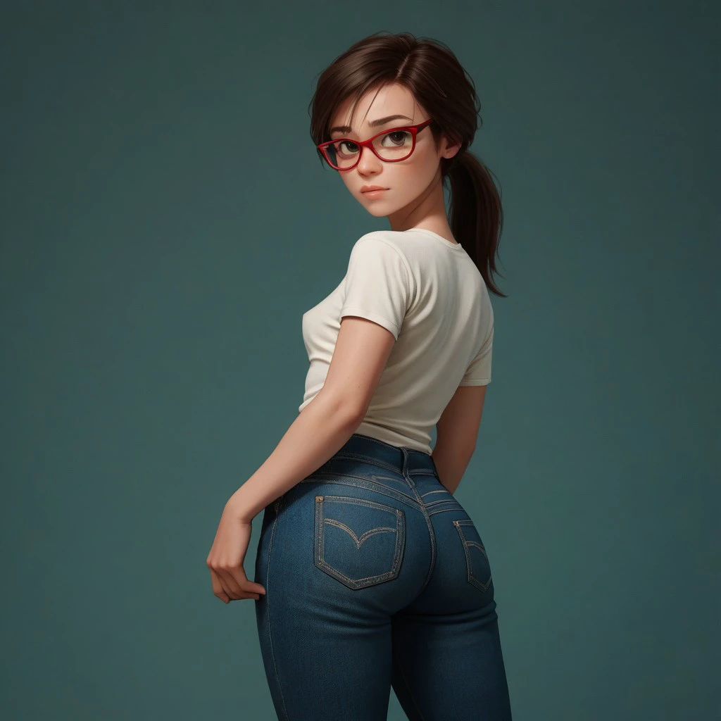 score_9, score_8_up, score_7_up, score_6_up, score_5_up, score_4_up, rating_explicit, 1girl, Ji_llA, red framed eyewear, ponytail, sexy pose, small saggy breasts, jeans, large hips, bending over, looking back at viewer