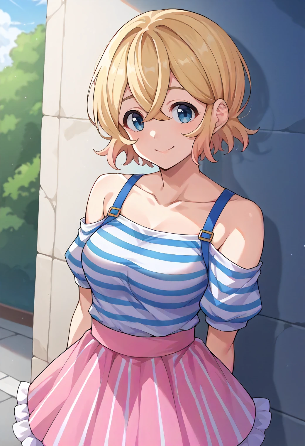 score_9, score_6_up, source_anime, 1girl, solo, outdoors, cowboy shot, mami, short hair, blonde hair, blue eyes, white shirt, (horizontal:1.2) stripes, blue stripes, striped shirt, blue straps, bare shoulders, collarbone, (layered:1.2) skirt, pink skirt, smile <lora:rent_a_girlfriend_XL:1>