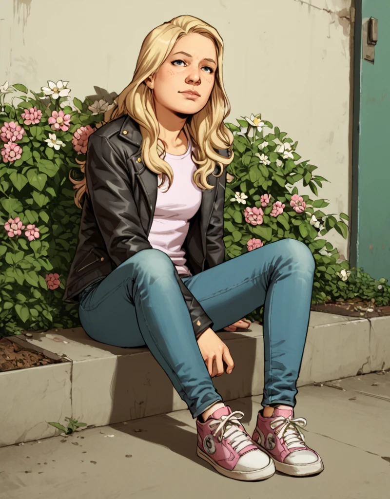 <lora:TWD_Comics_Sophia_Grimes:1> score_9, score_8_up, score_7_up, Sophia-Grimes, TWD-Comics, 1girl, solo, long hair, blonde hair, sitting, jacket, flower, shoes, sneakers, jeans,