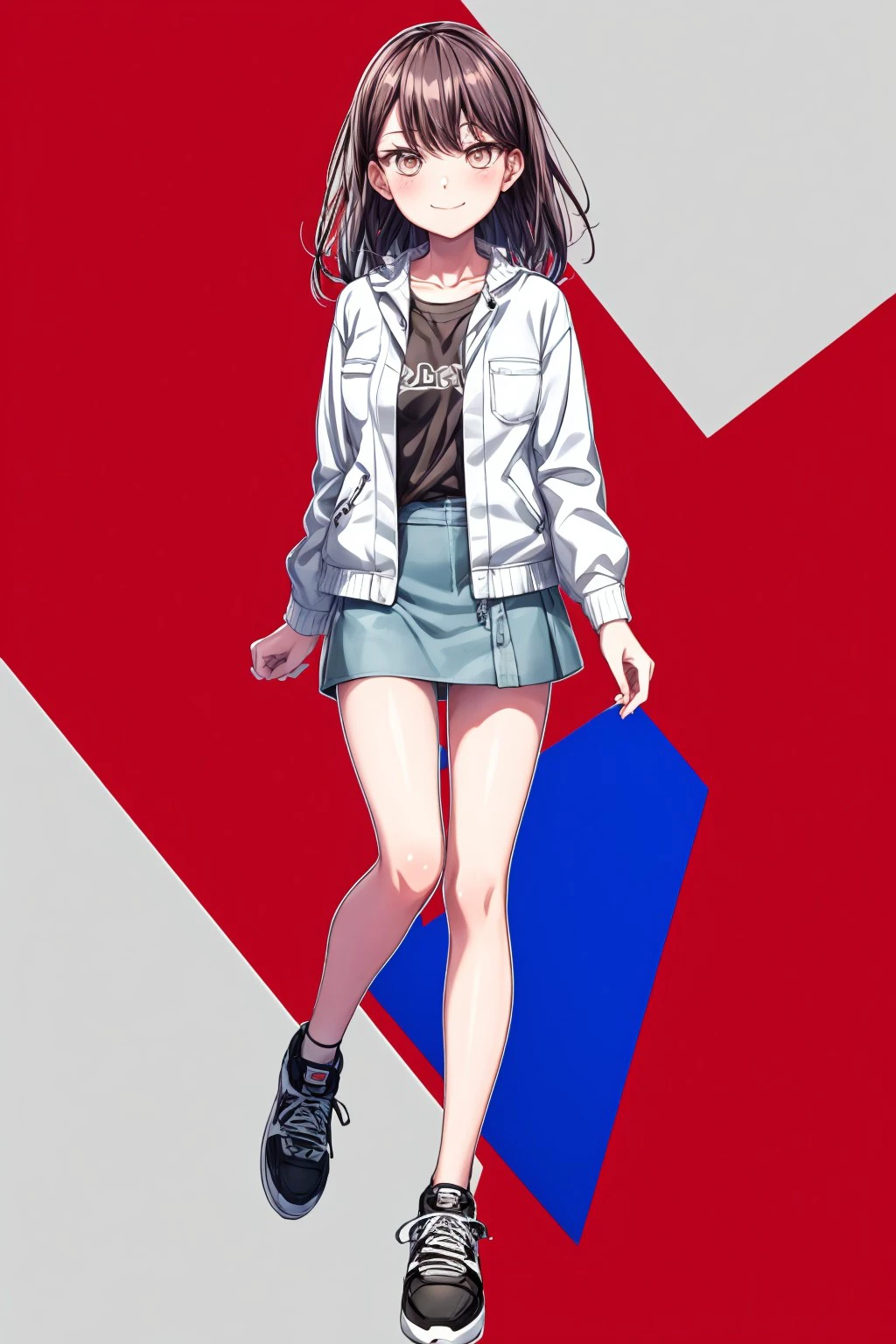 (masterpiece), best quality, expressive eyes, perfect face,takishiina, looking at viewer, smile, skirt,  shirt, long sleeves, brown eyes, closed mouth, standing, collarbone, jacket, full body, open clothes, shoes, black footwear, blue skirt, black shirt, white jacket, sneakers, outline, white outline, denim skirt, <lora:more_details:0.7>, <lora:a75fa2e0-ab76-4620-905b-87ca47d5bd7a:0.7>