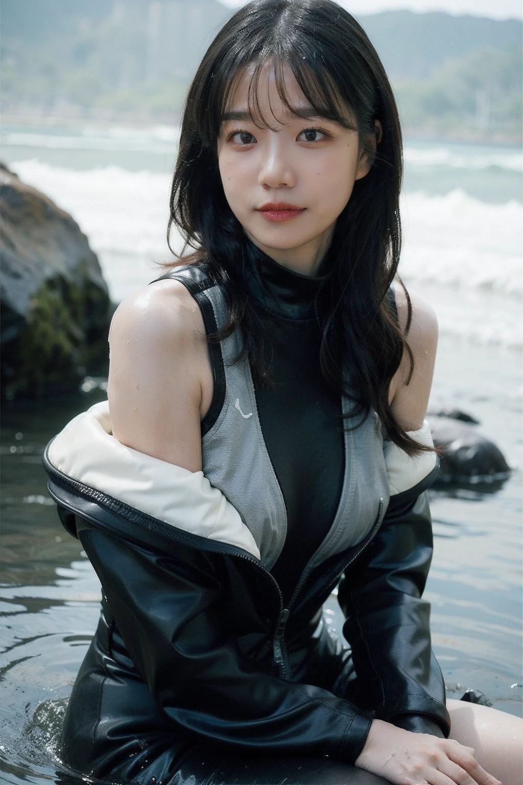 masterpiece,1girl,(looking at viewer), beach, wetsuit, bare thigh, waves, wet hair, wet skin, sitting down, bare shoulders,<lora:makina69_joyuri_v2.0:1>, long brown wavy hair,