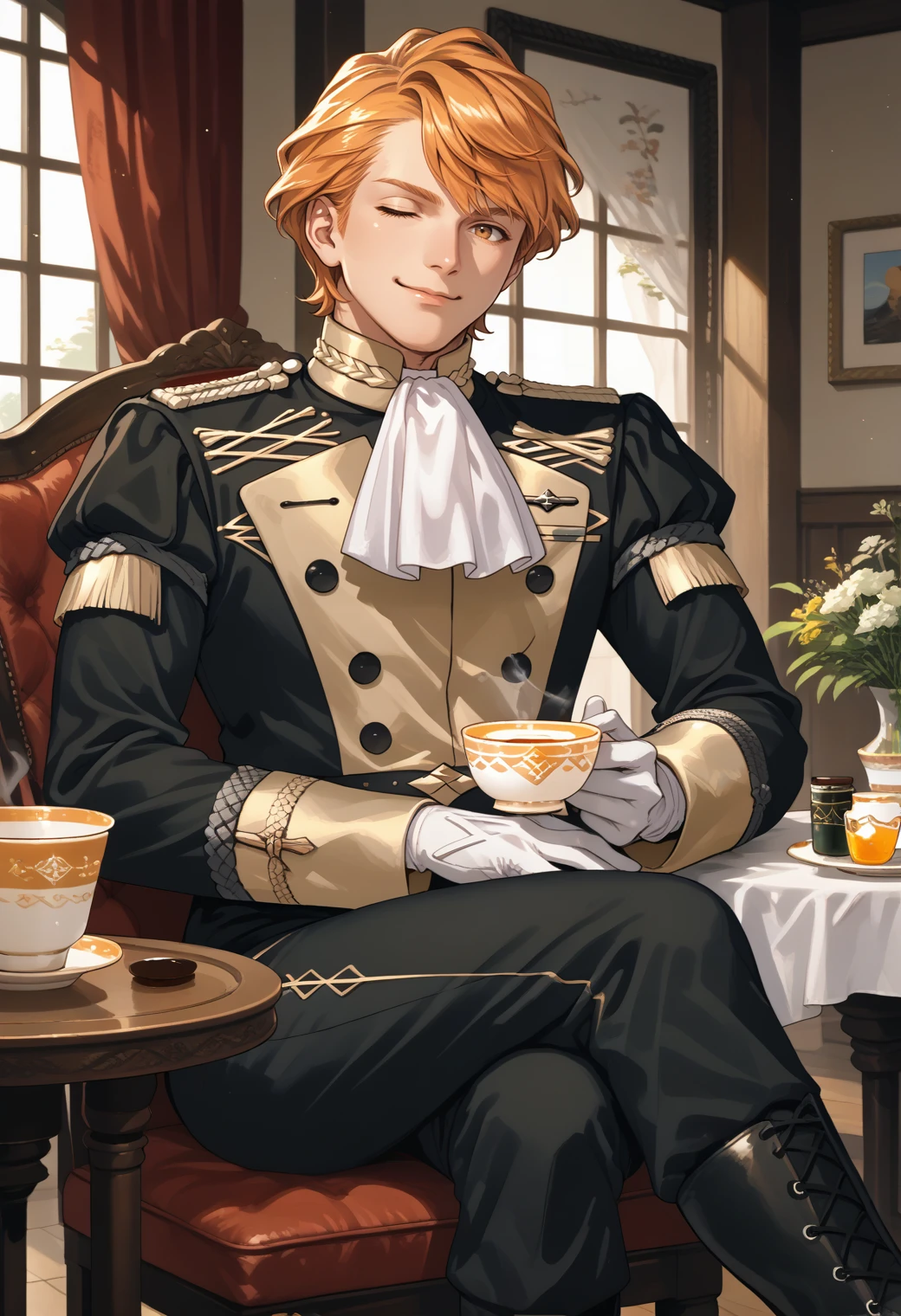 score_9, score_8_up, score_7_up, source_anime, 1boy, sitting, looking at viewer, smile, wink, crossed legs, tea, <lora:FerdinandFE-pdxl:1> defFerdie, short hair, military uniform, white ascot, long sleeves, white gloves, black pants, boots, indoors, table, chair