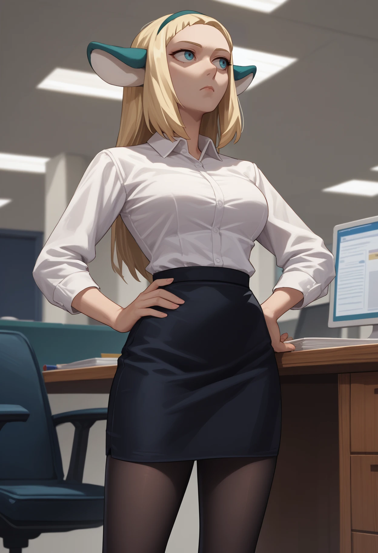 score_9, score_8_up, score_7_up, source_anime, solo, 1girl, bakara jurgen, expressionless, looking away, standing, hand on own hip, hairband, animal ears, white shirt, collared shirt, black skirt, pencil skirt, black pantyhose, large breasts, indoors, office <segment:yolo-face_yolov8m.pt,0.35,0.5>