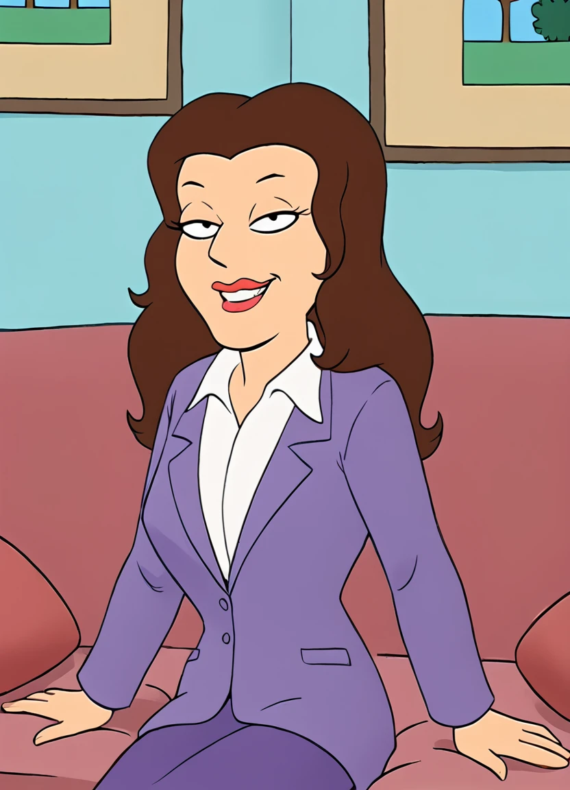 <lora:DrAmandaRebeccaFGPony:1> Dr.AmandaRebecca, 1girl, solo, brown hair, long hair, purple jacket, smile, jacket, shirt, lipstick, formal, suit, red lips, collared shirt, makeup, grin, white shirt, upper body, score_9, score_8_up, score_7_up, score_6_up, score_5_up, score_4_up, looking at viewer,sitting, couch,