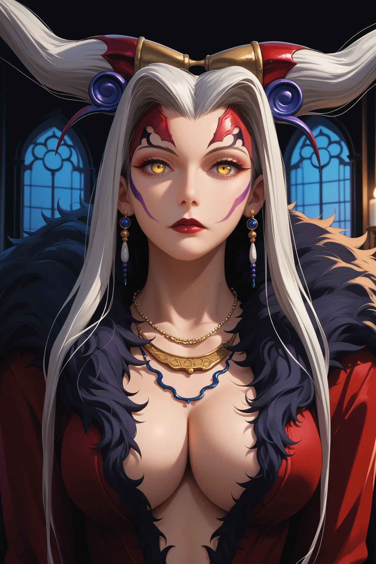 score_9, score_8_up, score_7_up, score_6_up, source_anime, 1girl, solo <lora:ultimecia-pdxl-nvwls-v1:1> ffulti, yellow eyes, white hair, horns, long hair, facial mark, lipstick, earrings, necklace, red dress, fur trim, plunging neckline, cleavage, navel, long dress, side slit, black wings, huge breasts, looking at you, night, indoors, gothic architecture, dark background, upper body, black background, arms at sides, expressionless