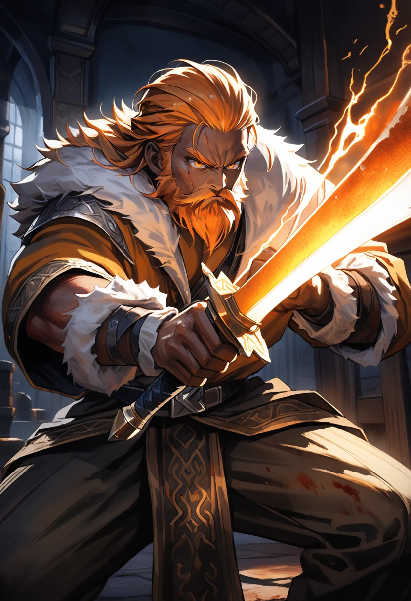 (Quasarcake:0.7) wallpaper 4k 8k high-resolution Solo Viking Dark-skinned-female (Dark-skin) slicked-back-hair Orange-hair long-beard Orange-beard Orange-eyes orange-eyebrows fur-trim jacket pants tavern blood-stain injured Angry holding-sword stance
absurdres highly-detailed best-quality masterpiece amazing-shading cinematic-lighting detailed-illustration