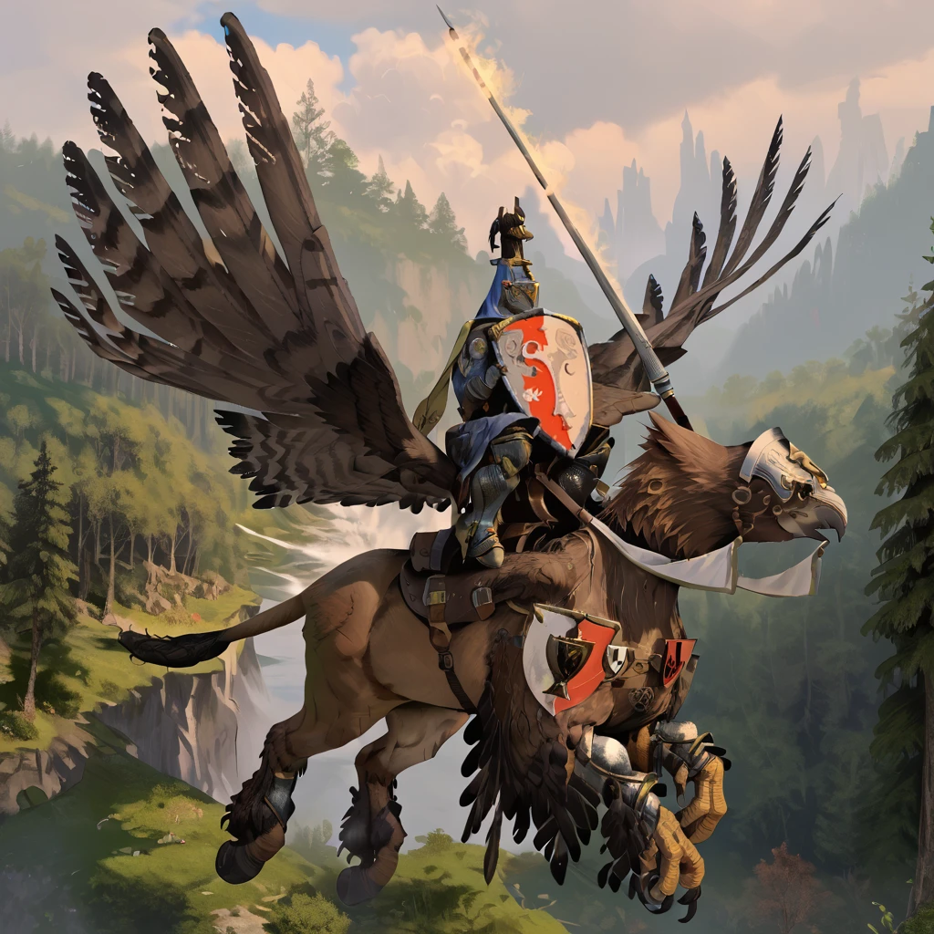 score_9, score_8_up, detailed, hires, detailed face,
sky, forest, solo,
royalhippogryphknight, full armor, flying, animal, hippogriff, feathered wings, talons, hooves,
horseback riding, knight, holding shield, holding lance,
<lora:Royal_Hippogryph_Knights_PonyXL:1>