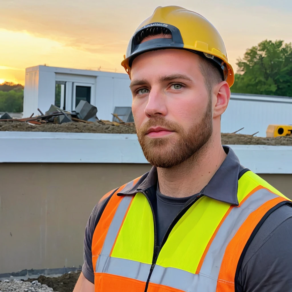 close-up photo of a man,p4yn3, beard, wearing construction worker outfit, outside, sunset, looking at viewer,   <lora:camd:.9>