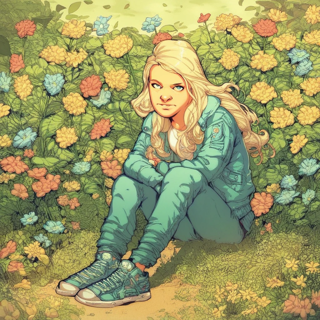 score_9, score_8_up, score_7_up, Sophia-Grimes, TWD-Comics, 1girl, solo, long hair, blonde hair, sitting, jacket, flower, shoes, sneakers, sensitive