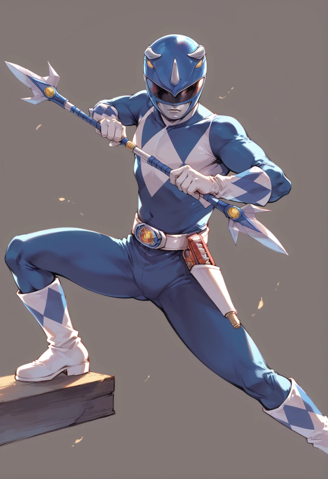 (score_9:0.9),score_8_up,score_7_up,rating_safe,anime style,(zPDXL),<lora:Blue Power Ranger ponyXL v2.1:0.78>,1boy,blue motorcycle helmet,fighting stance,white gloves,blue bodysuit,blue power ranger,white boots,visor,grey background,holding kunai,kunai,weapon,