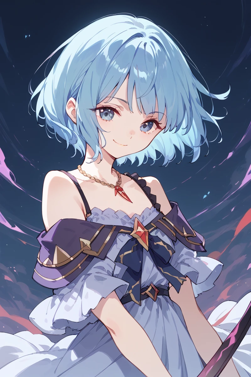 score_9, score_8_up, score_7_up, score_6_up,
 <lora:Komagawa_Uta:0.9>  uta, 1girl, jewelry, short hair, blue hair, solo, smile, necklace, blue eyes, bare shoulders, dress, closed mouth, off shoulder, weapon, reflector